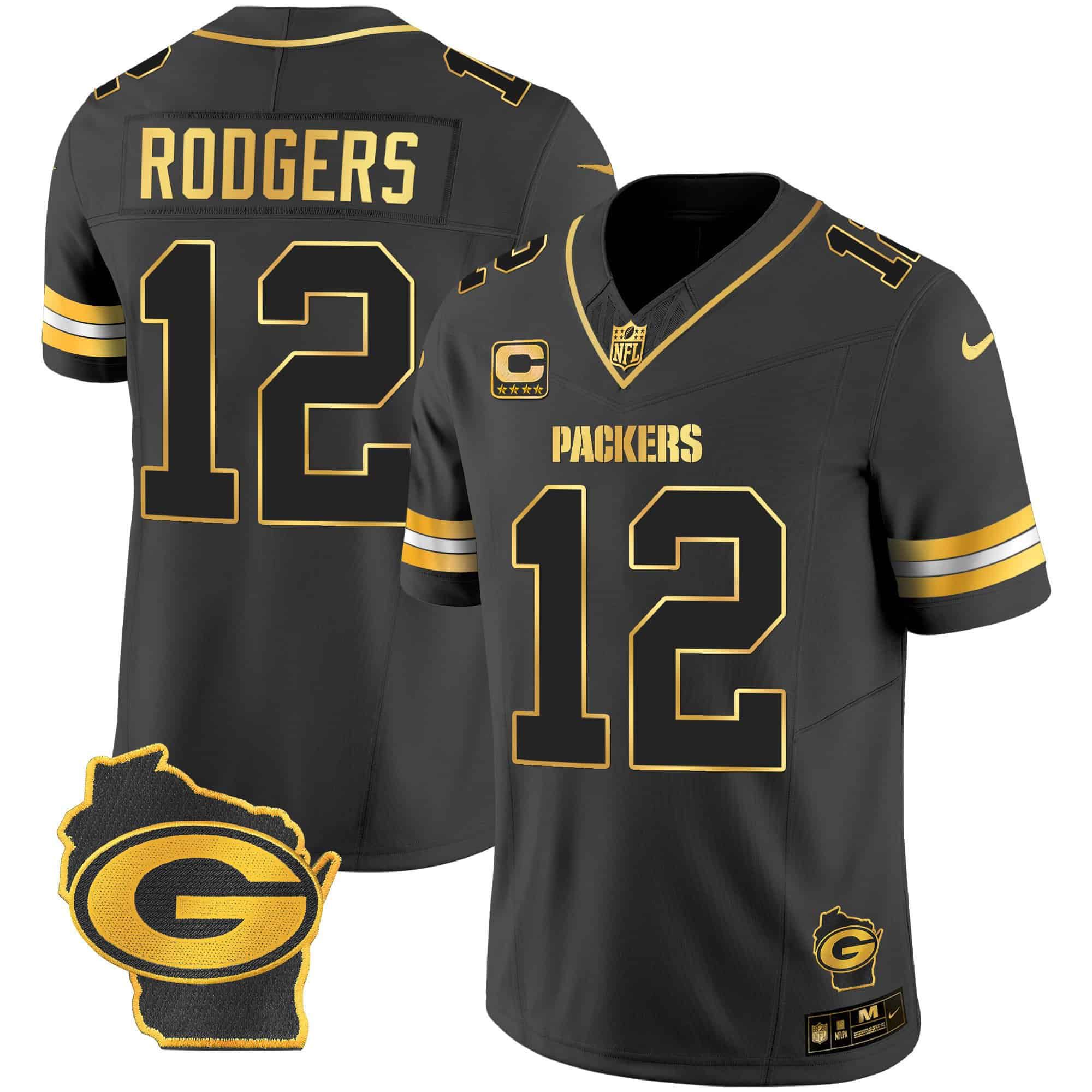 Men Green Bay Packers 12 Rodgers Black Gold 2024 Nike Home Patch Vapor NFL Jersey style 2